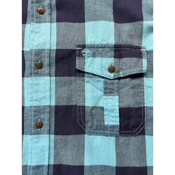 TIMBERLAND Cotton Flannel Button Up Shirt Men's Size XL Regular Aqua Navy Check - Picture 9 of 14